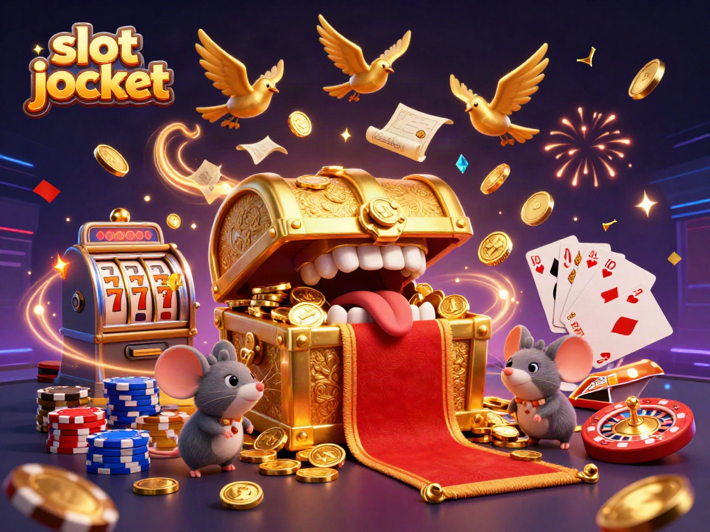 Engage with exciting slot jackpot games, featuring a vibrant 3D casino scene filled with treasure and rewards.