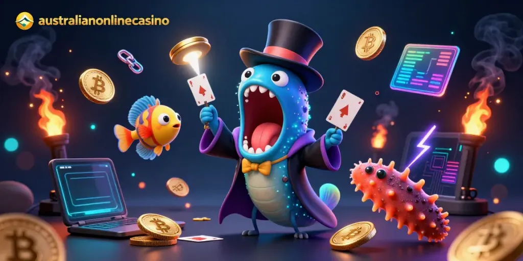 Engage with the vibrant australianonlinecasino scene featuring a bioluminescent eel performing card tricks, surrounded by crypto elements.