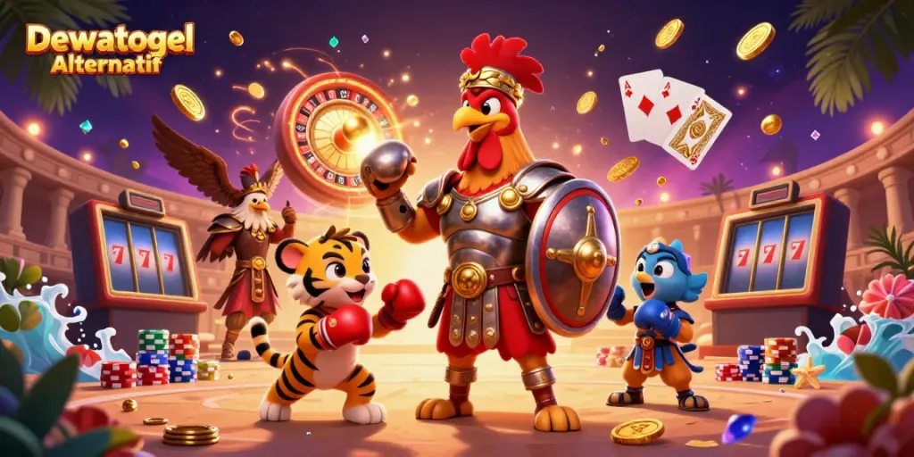 Dewatogel Alternatif showcases a fascinating gladiatorial scene with casino elements, capturing the excitement of online gambling.