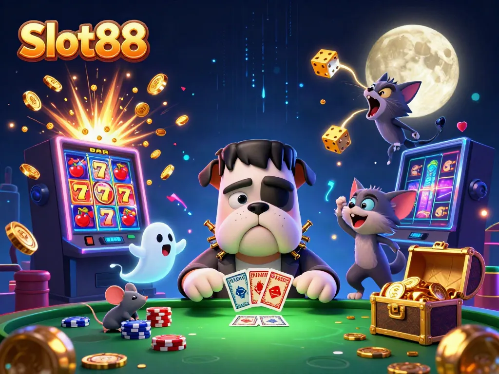 Experience Slot88 excitement with a haunted casino scene featuring a Frankenstein bulldog dealer, ghostly mouse, and jackpot slot machine.