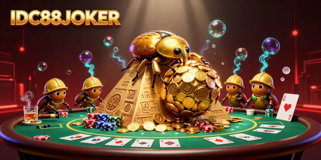 Experience thrilling gameplay with IDC88JOKER as a massive beetle rolls golden coins through a vibrant casino pyramid.