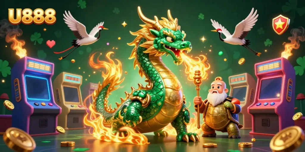 Engage in thrilling gameplay at U888 featuring a vibrant dragon, turtle sage, and lucky cranes amidst casino elements.