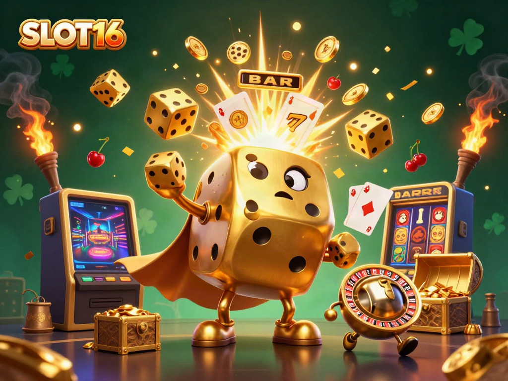 SLOT16 golden dice golem juggling dice with a vibrant slot machine explosion in a dynamic casino scene.