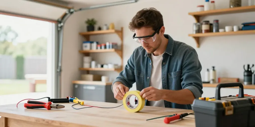 DIY enthusiast using Super33 Daftar electrical tape in a home garage workshop for a renovation project.