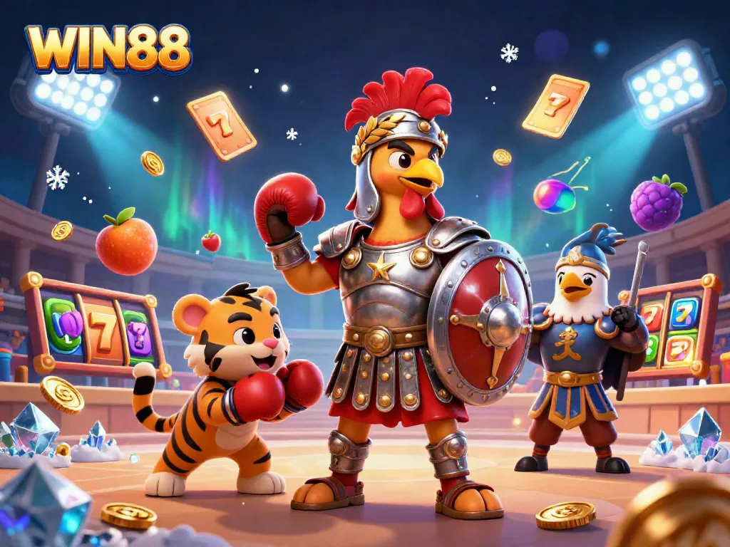 Experience the vibrant WIN88 casino scene with a gladiator rooster and thrilling slot elements