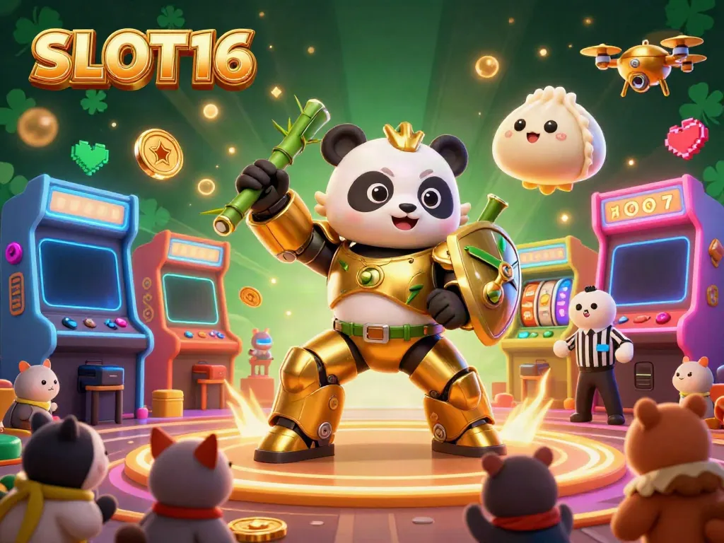 Engaging SLOT16 gaming scene featuring a mech-suit panda in a casino-themed atmosphere.