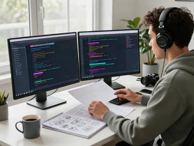 Developer building an unfiltered AI chat platform in a modern workspace with dual monitors and vibrant code.