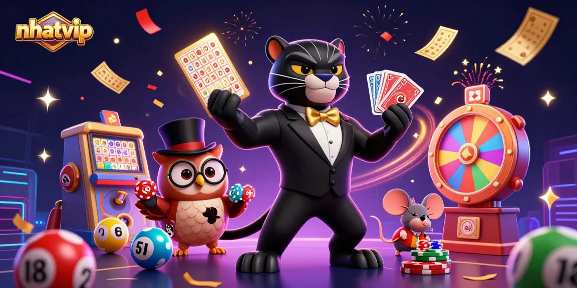 Nhatvip's dynamic casino scene featuring a stylish panther, owl, and lucky mouse celebrating winnings with colorful elements.
