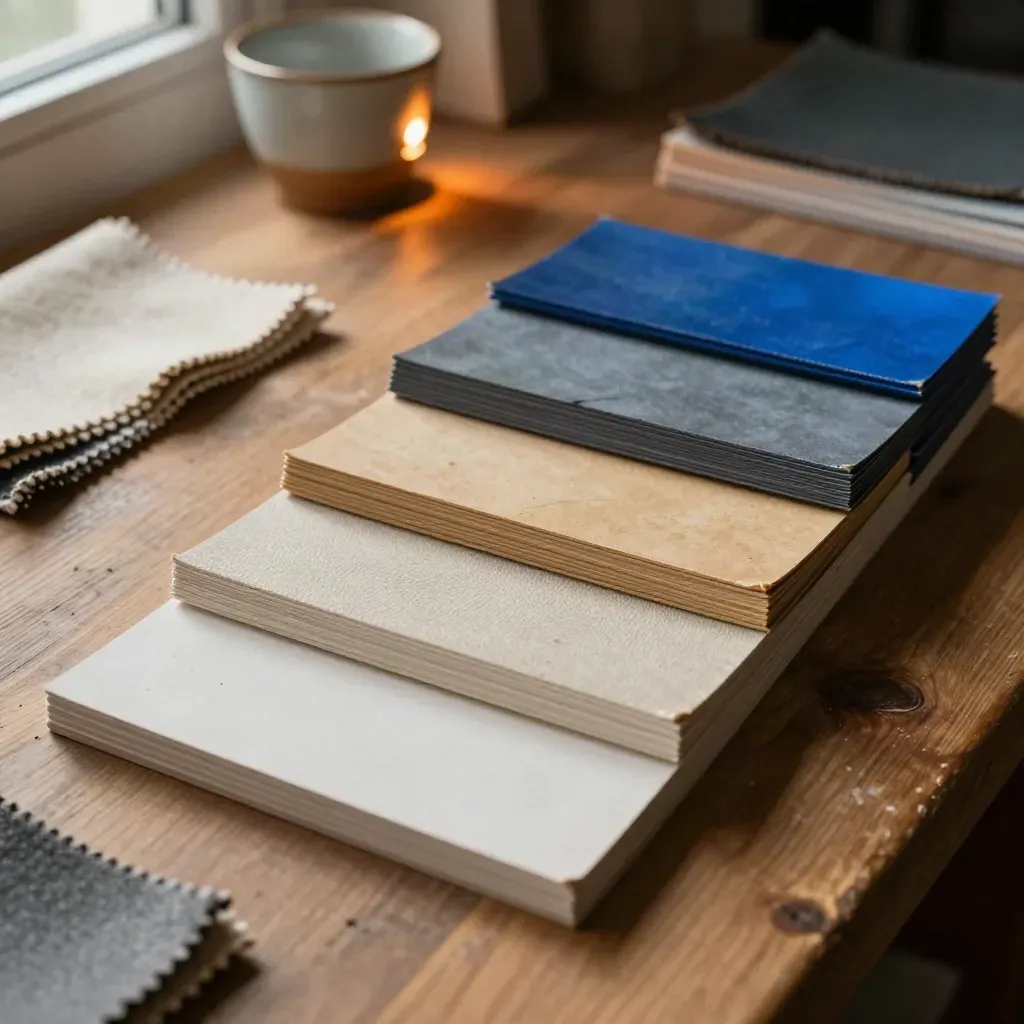 Palette cards, textile strips and paint chips arranged from stone to cobalt on a warm studio workbench.