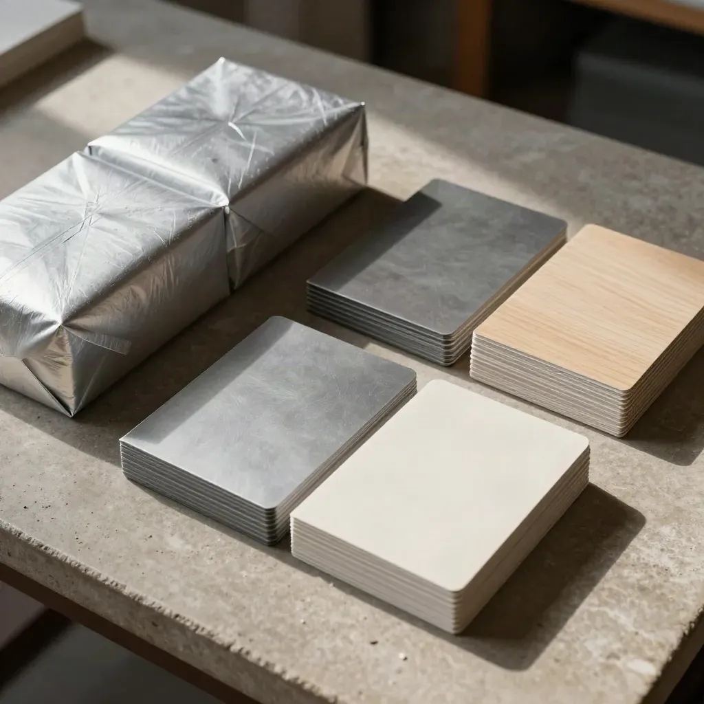 Brand materials aligned into a cleaner color system on a stone worktable in soft daylight.