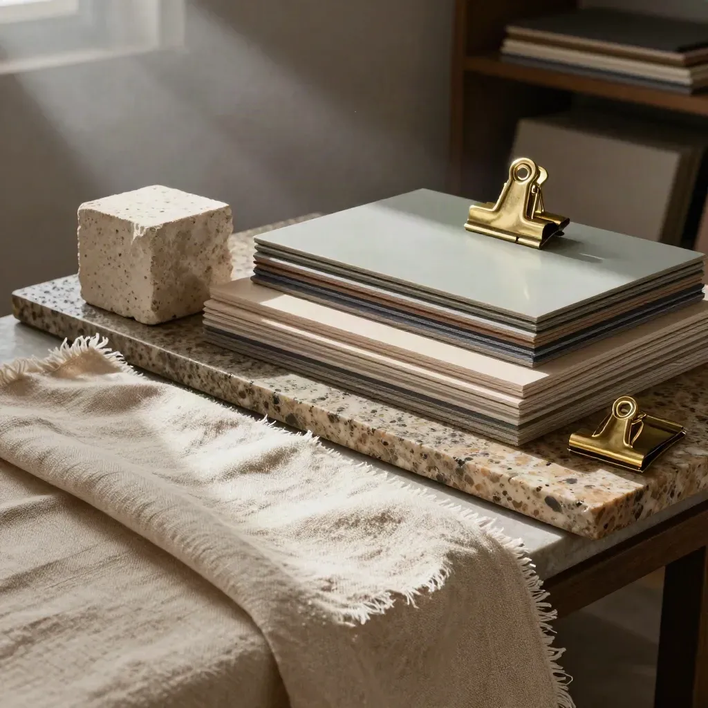 Editorial color-studio still life with palette boards, linen swatches and brass clips in rain-dim light.
