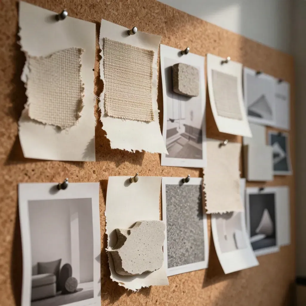 Moodboard of paper, fabric, stone chips and photos pinned to cork in side light