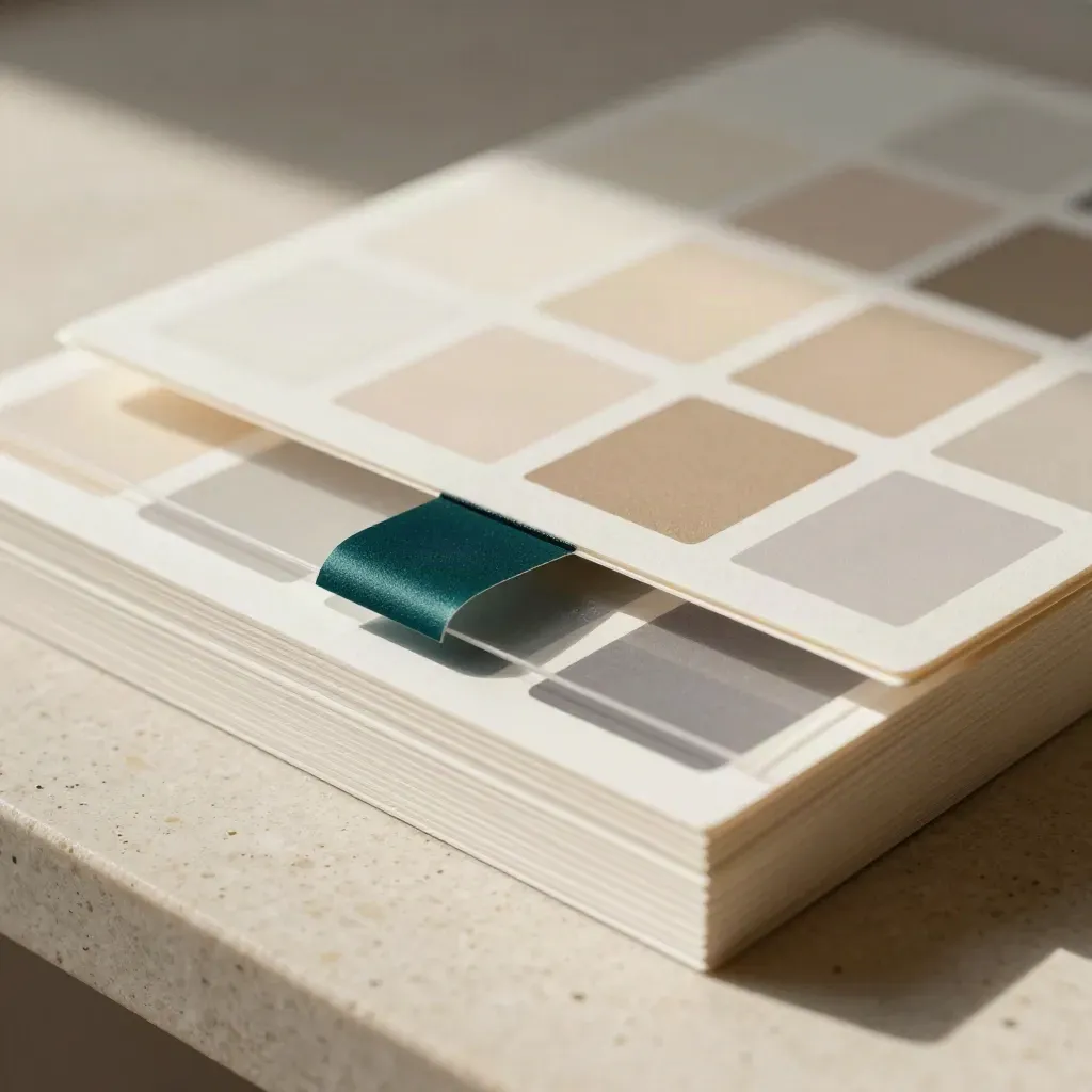 Macro of identity cards, sleeves, and swatches arranged in a precise grid on travertine.