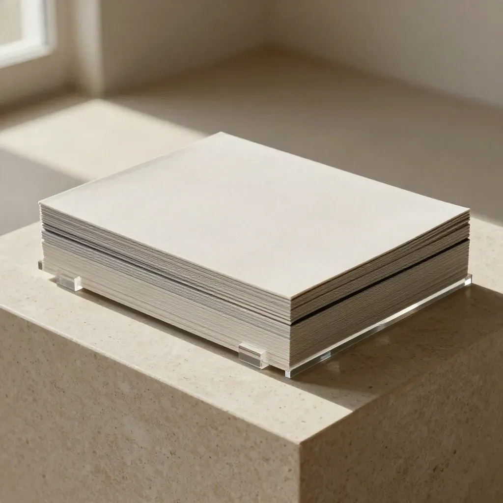 Polished presentation boards and linen-wrapped deck stack on acrylic risers in a hazy studio