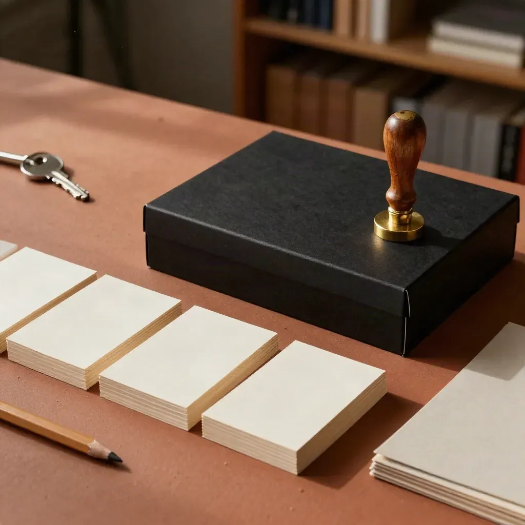 Blank index cards, black file box, wax seal stamp and pencil stub on a terracotta workbench.