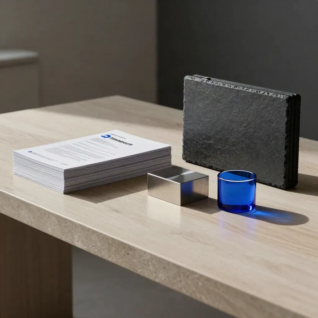 Fintech pitch deck stack, metal model block, blue glass and slate case in a moody boardroom alcove.