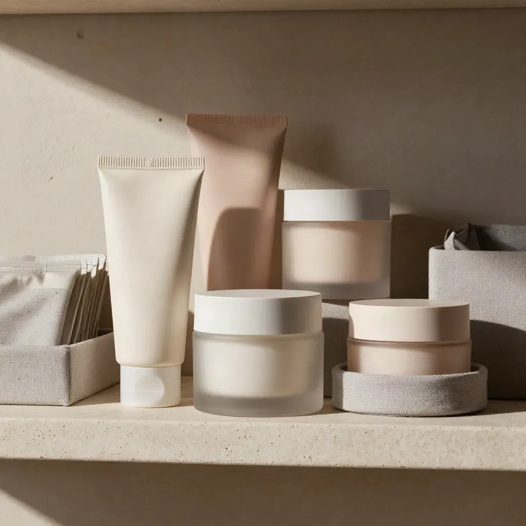 Skincare shelf with matte cartons, frosted jars, and cream packages in stone light.