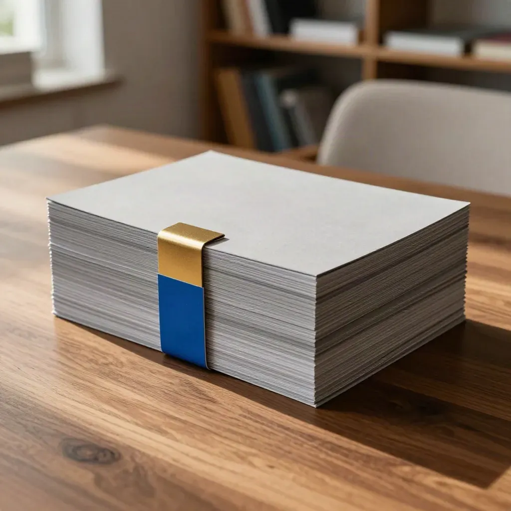 Gray pitch deck boards with cobalt dividers and a gold clip on a walnut table