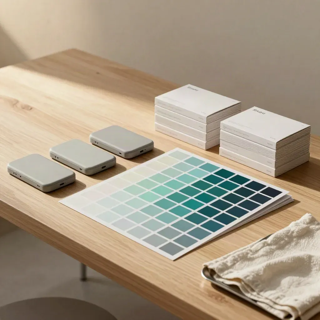 Color system kit with device shells, palette tiles, and packaging sleeves on a sunlit studio table.