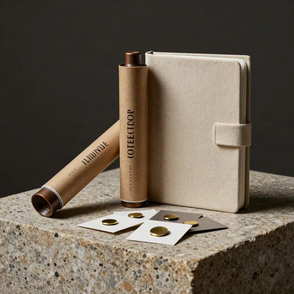 Creator kit on stone plinth: tube, notebook, tote, and enamel pin cards in warm neutral light.