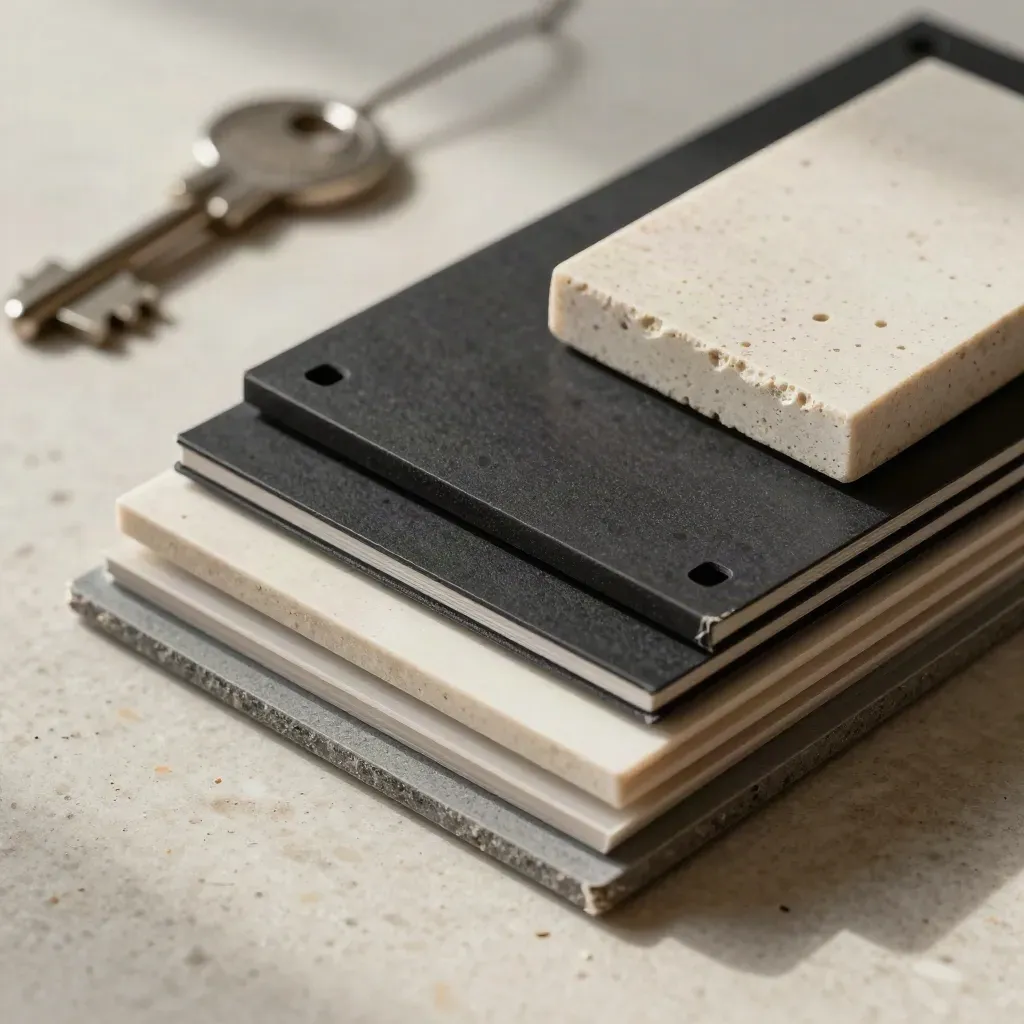 Macro of brand audit tabs, acetate sheets, card file and stone sample on travertine.