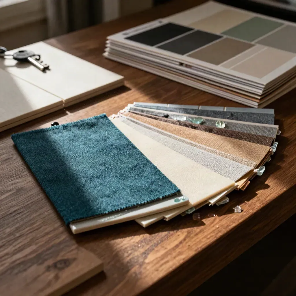 Fan of textile, tile, and glass color swatches on a walnut bench in dramatic light.