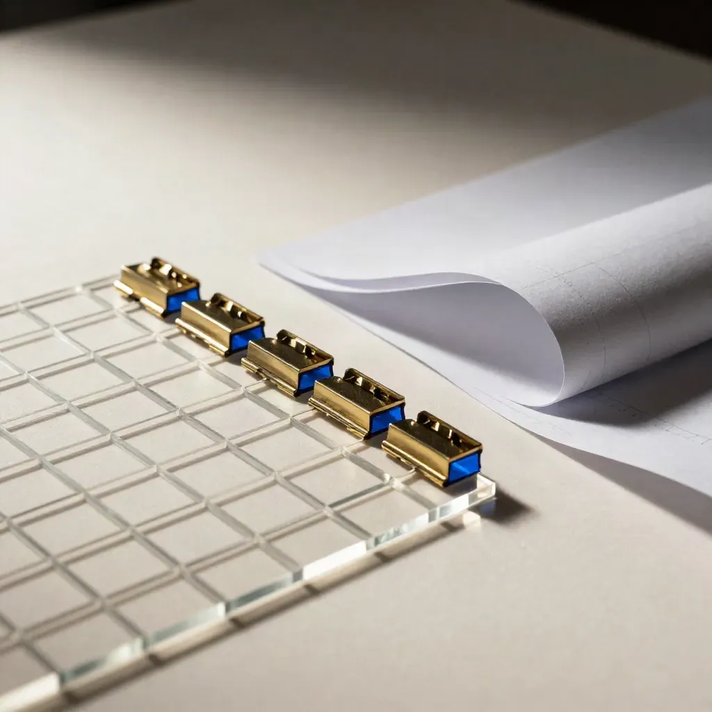 Close crop of acrylic grid blocks, tracing sheets and brass clips on a drafting board with cobalt accents.