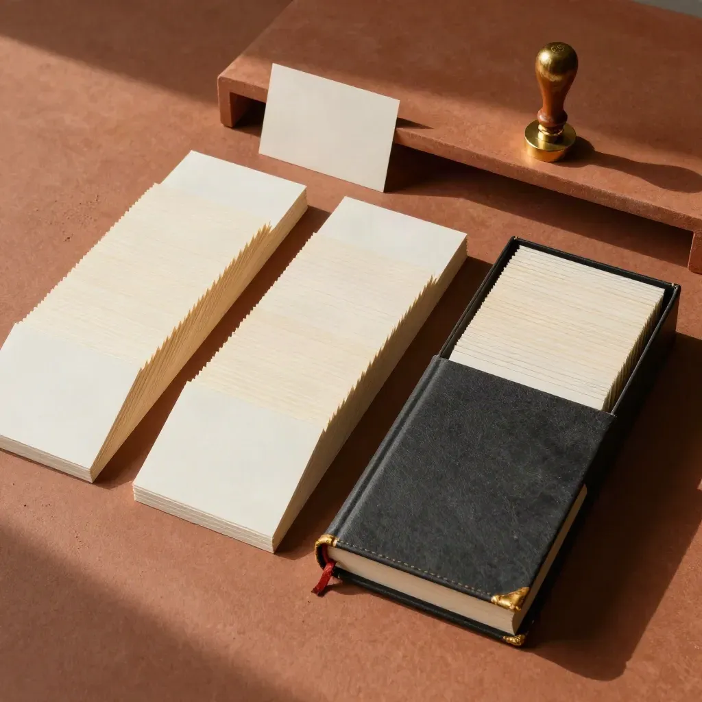 Overhead still life of cards, a lexicon book, file tray and wax seal on terracotta.