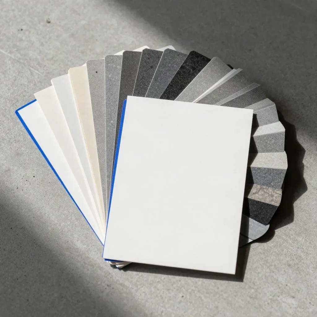 Top-down fan of color chips with one forward card on pale concrete, lit from the side.