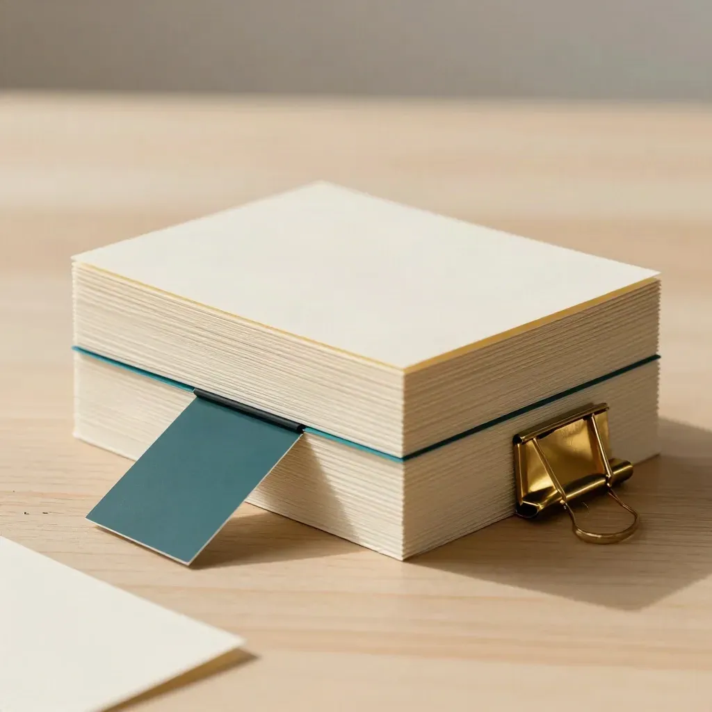Rule cards clipped in brass with teal tabs on pale wood, side-lit minimal studio still life.