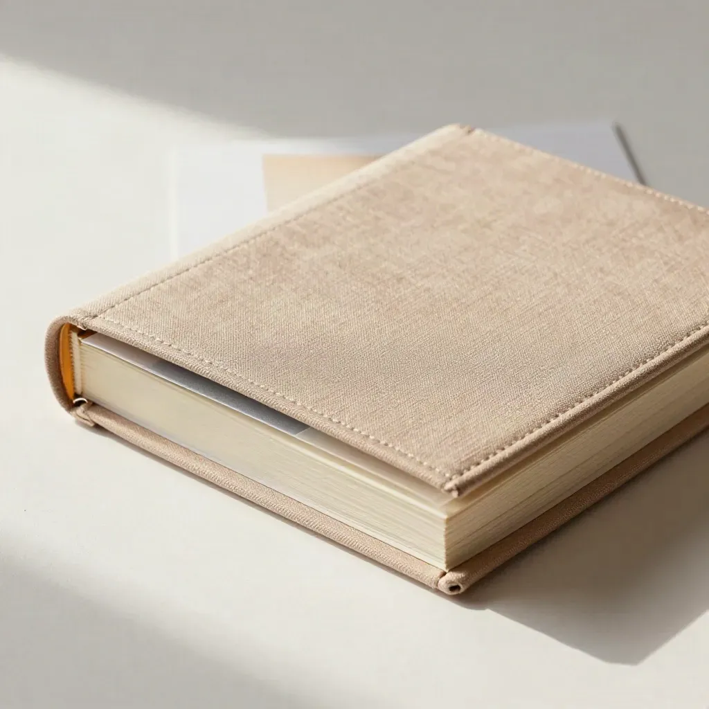 Color-system binder with swatches, acrylic tabs, and a folded moodboard slip on pale plaster.