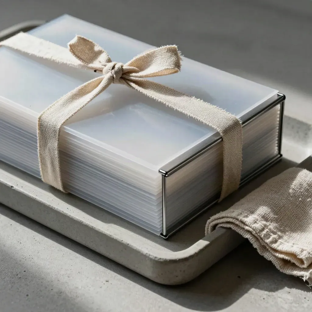 Top-down still life of a sealed portfolio box, acetate sleeves, and a tray corner on concrete