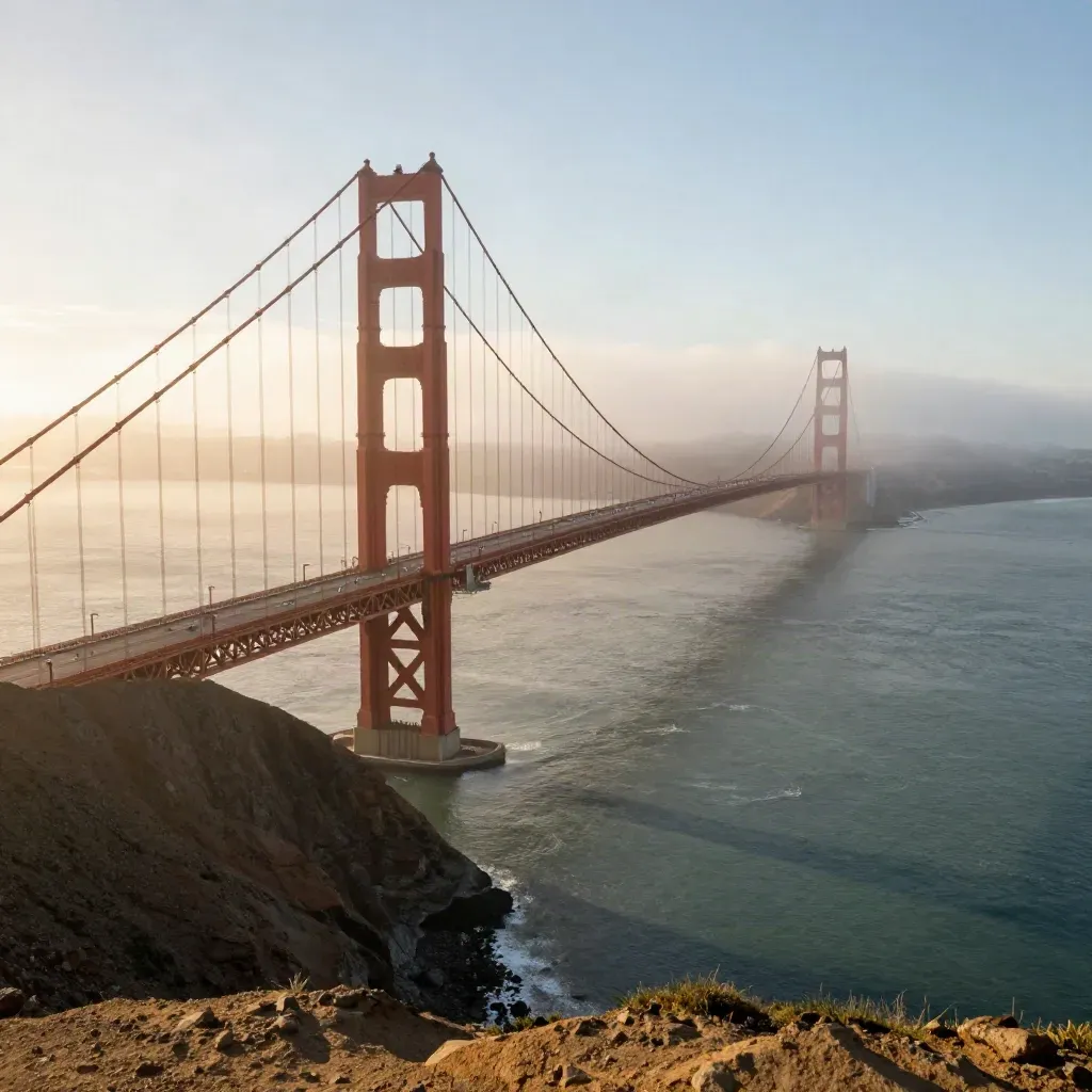 Golden Gate Bridge emerging through sunrise fog above calm San Francisco Bay waters