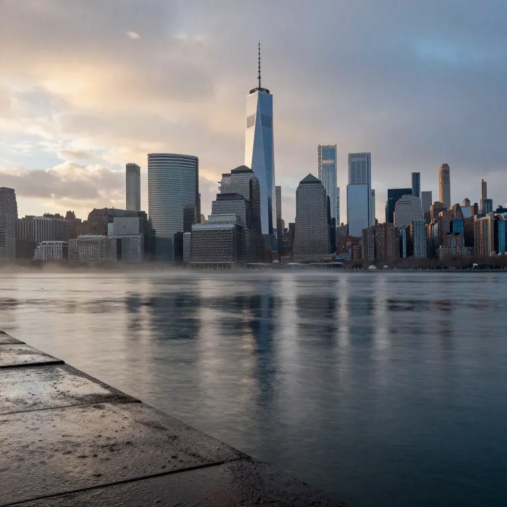 Manhattan skyline glows through mist above wet river reflections from Brooklyn waterfront