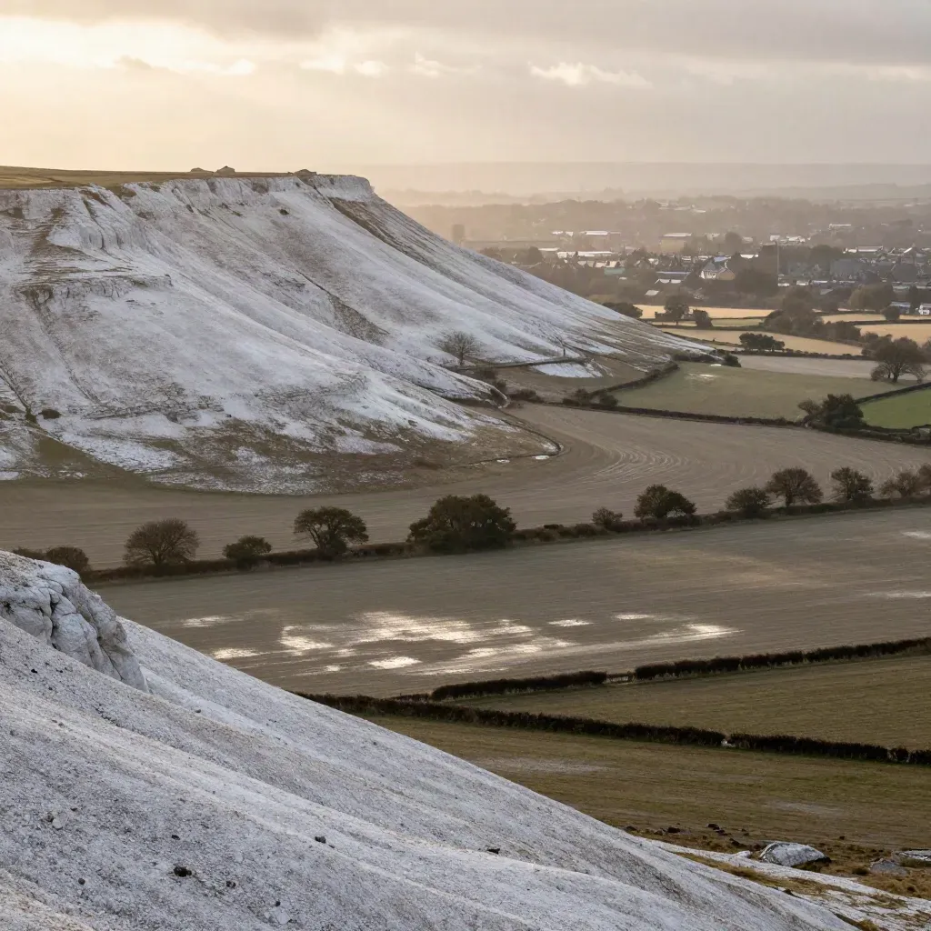 Chalk downs above misty rooftops and a distant London horizon at golden hour after rain.