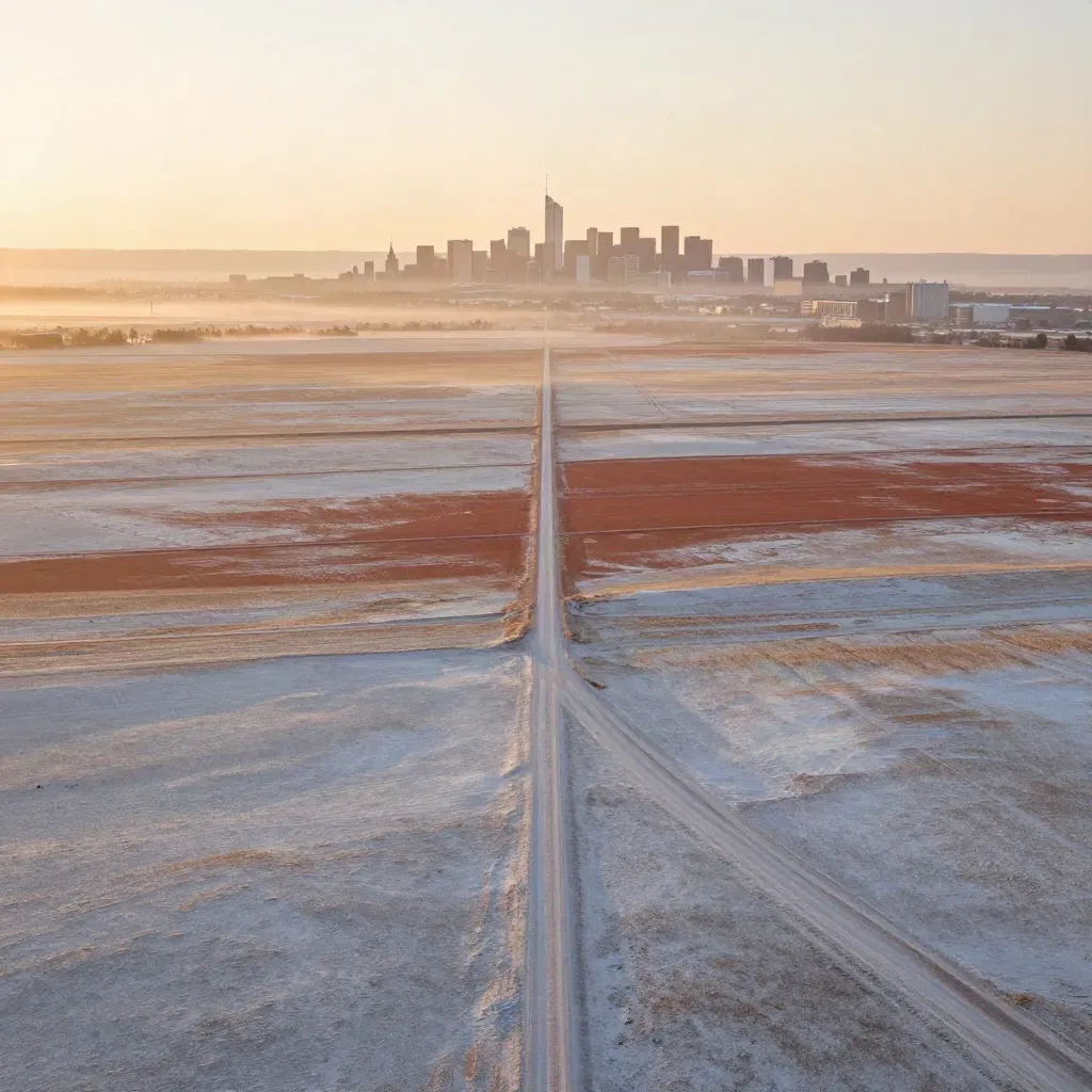 Aerial dawn over snowy prairie roads and distant city shimmer under a hazy gold sky.