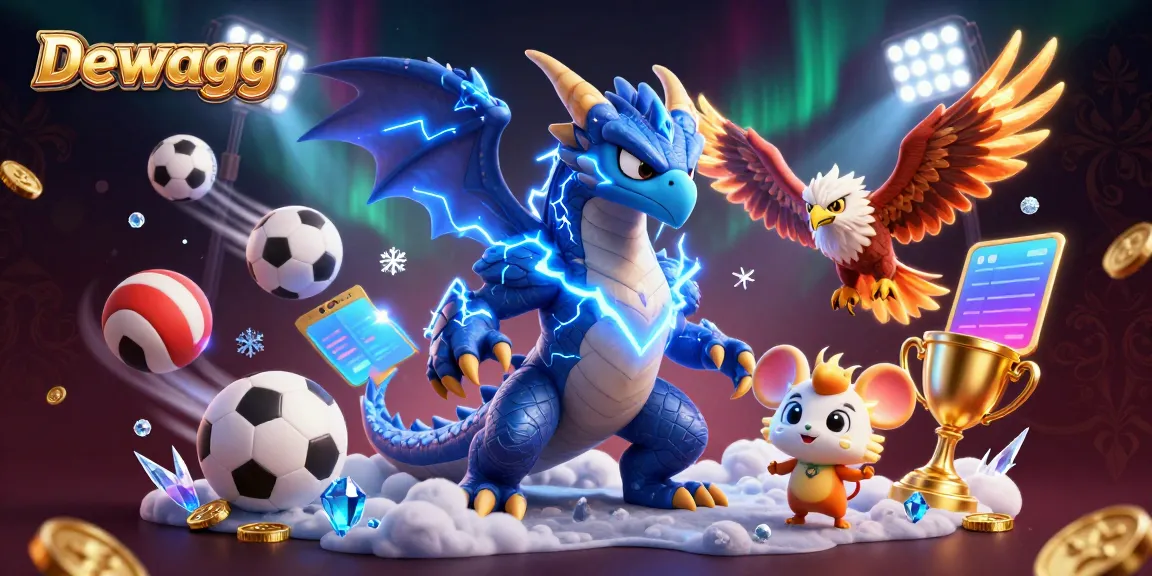 Dewagg showcases a powerful thunder dragon and fierce hawk amidst dynamic sports elements for online betting excitement.
