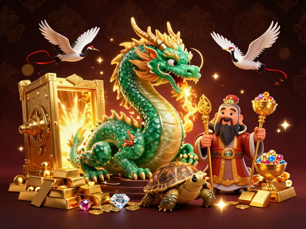 Experience thrilling wins at thrkuzone with a jade dragon and treasures illuminating the scene.