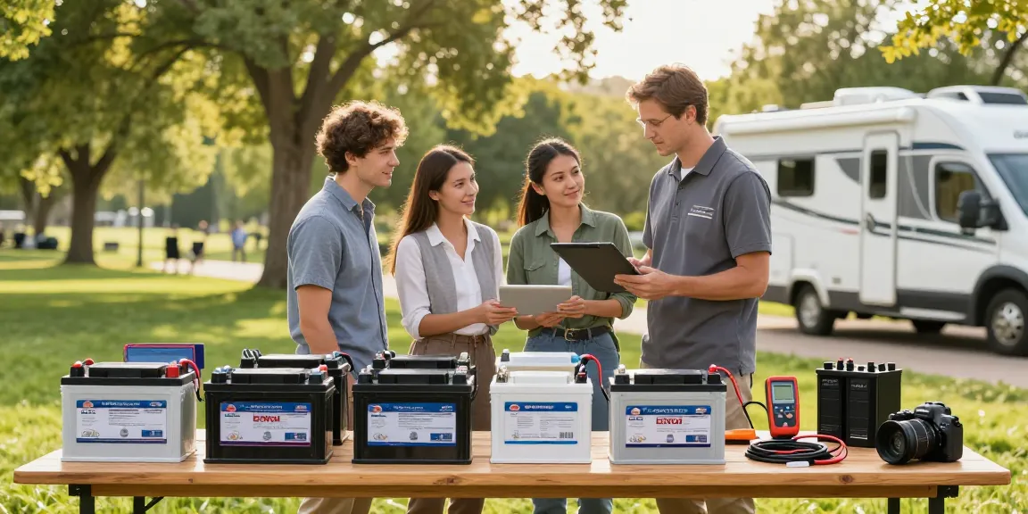 Engaged customers exploring 12v batteries at a vibrant outdoor event, discussing applications for RVs and marine use.