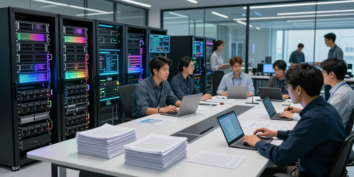 Diverse team collaborating on AI infrastructure in a modern data center, showcasing advanced technology.