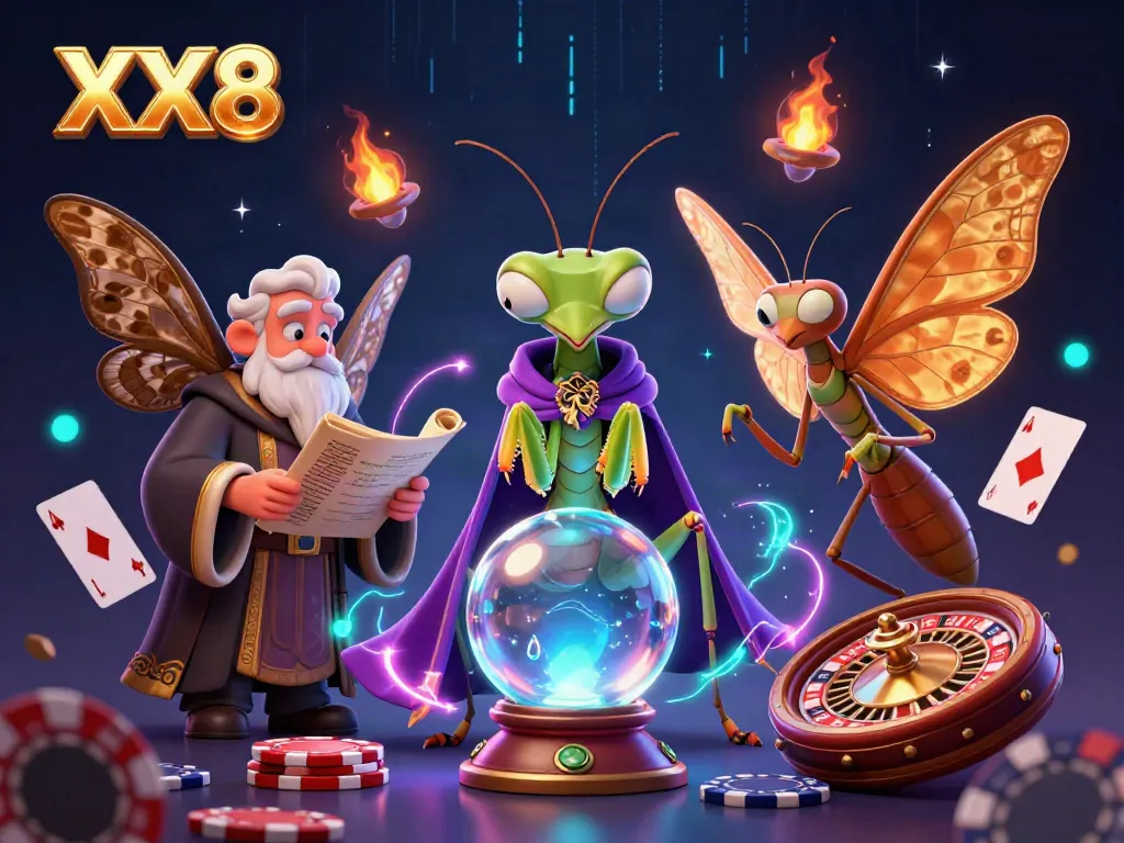 Engage with XX8-themed poker scene featuring a fortune teller and glowing casino elements.
