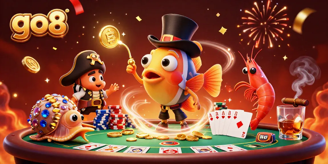 Join the thrilling go8 casino scene with a vibrant 3D anglerfish attracting golden coins amidst poker elements.