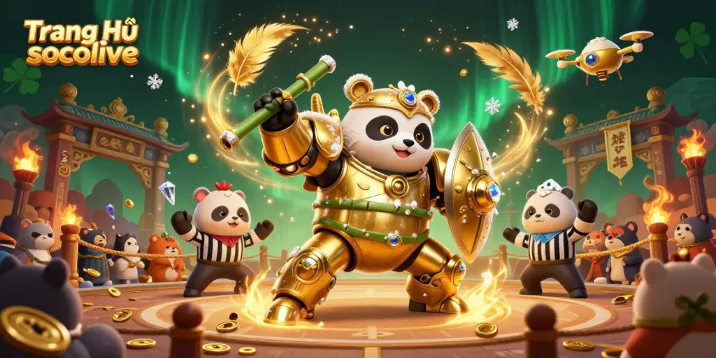 Watch Trang Chủ socolive dynamic 3D illustration with lively panda in mech-suit amidst an energetic arena.
