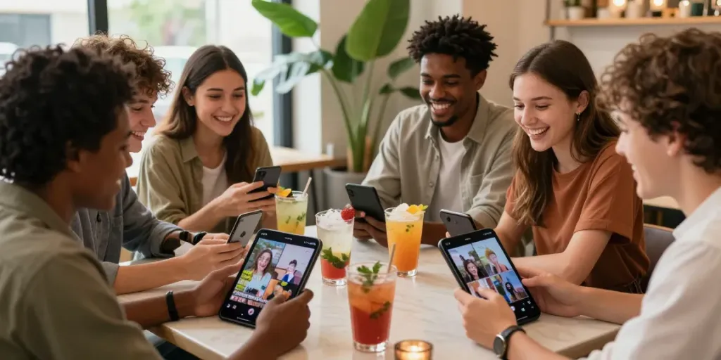Friends enjoying drinks in a cafe while laughing at "look at these guys" memes.
