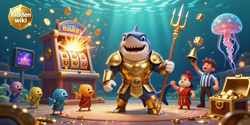 Engage with the hidden wiki through an immersive underwater casino scene featuring a tiger shark and jackpot elements.