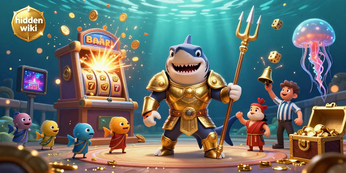 Engage with the hidden wiki through an immersive underwater casino scene featuring a tiger shark and jackpot elements.