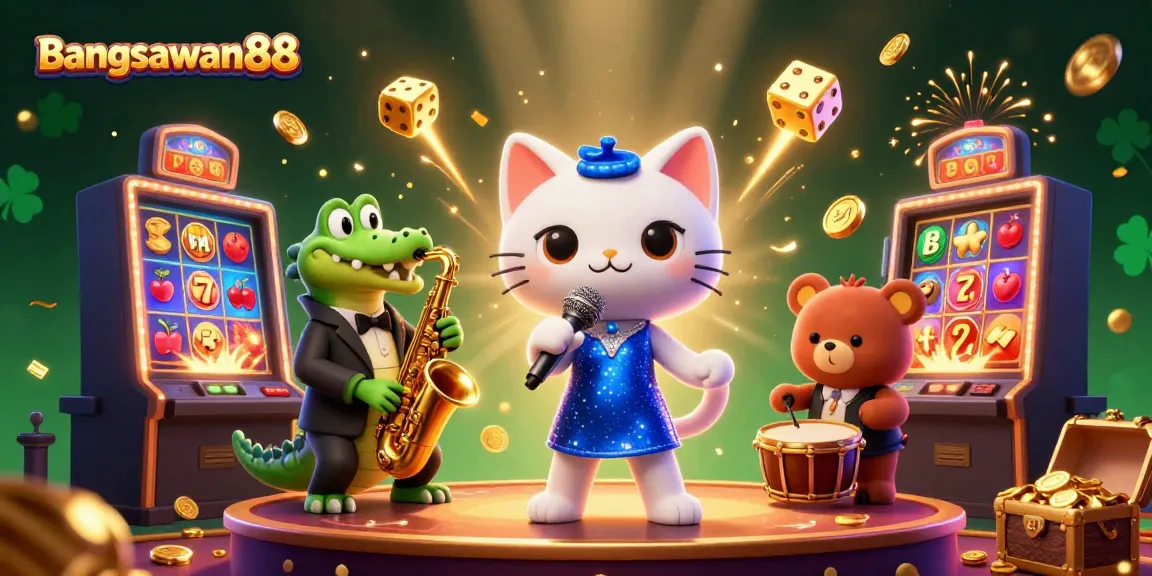 Bangsawan88 players enjoy thrilling slots and casino games in a vibrant scene with animated characters.