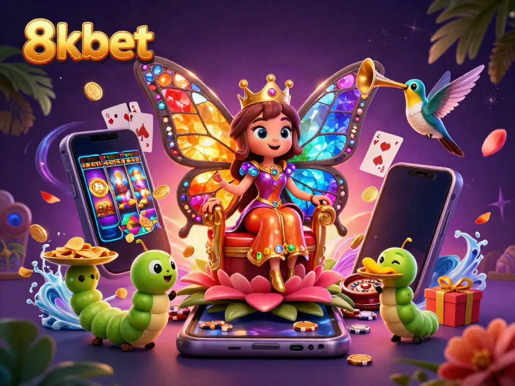 Experience the magic of 8xbet with a vibrant 3D scene of a butterfly queen and gaming treasures.