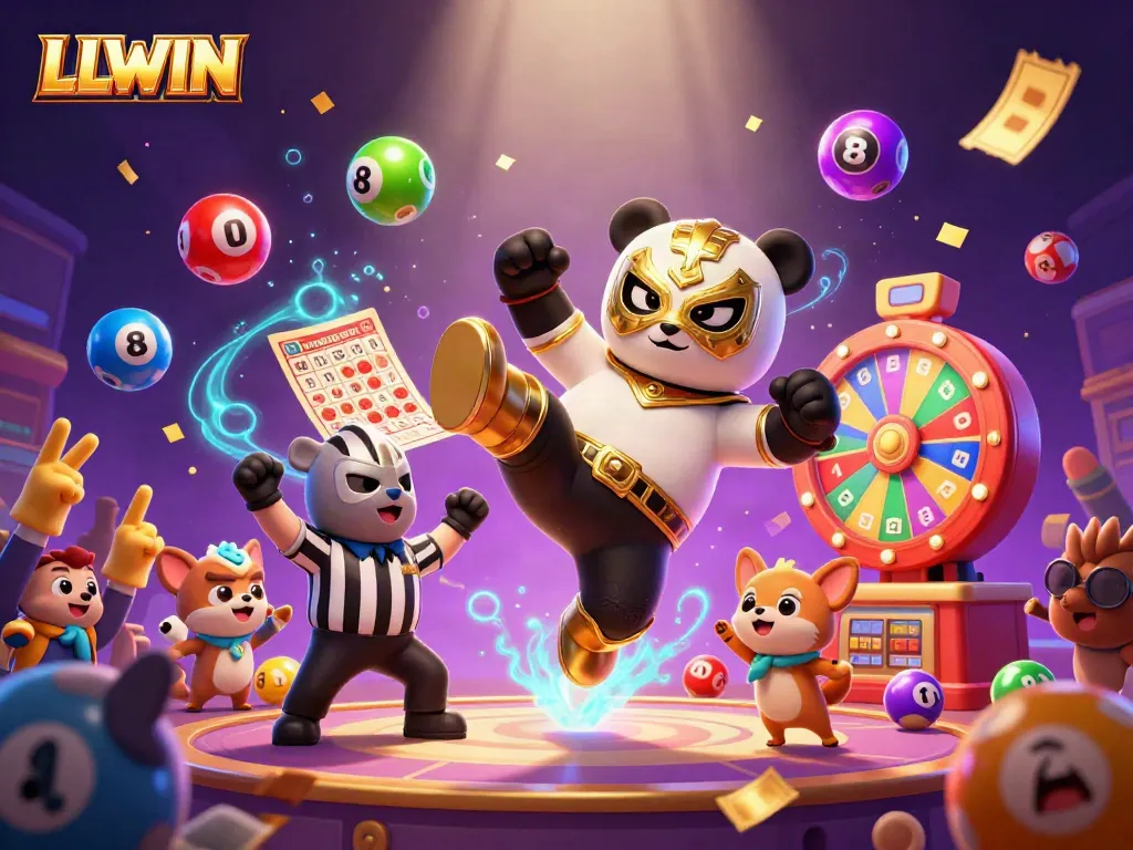 Experience thrilling action at LLWIN: a cartoon panda wrestler flying kick amidst lottery excitement.