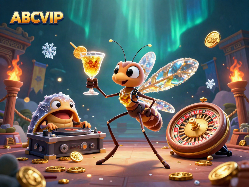 Engage with ABCVIP's vibrant online gaming scene featuring a lively casino mascot and dynamic DJ.